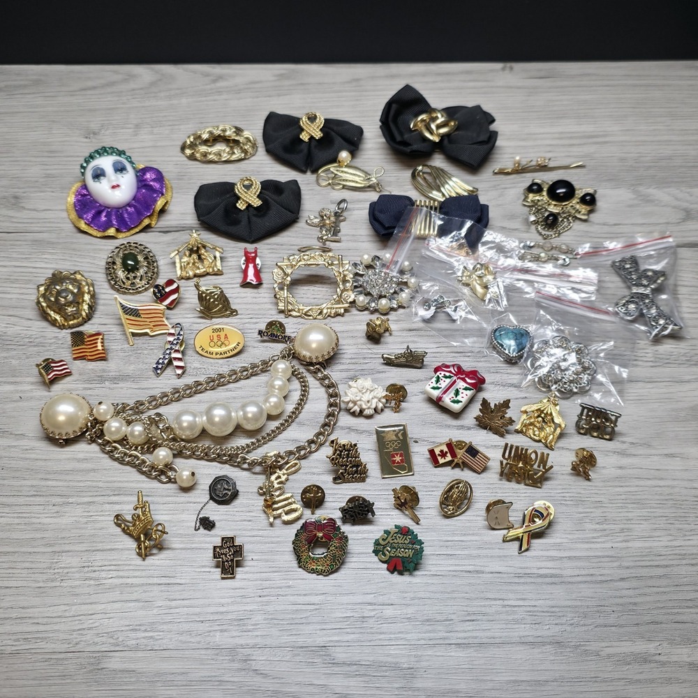 Vintage Brooch and Pin Lot 50+ Piece Collection Antique Jewelry Bulk Set